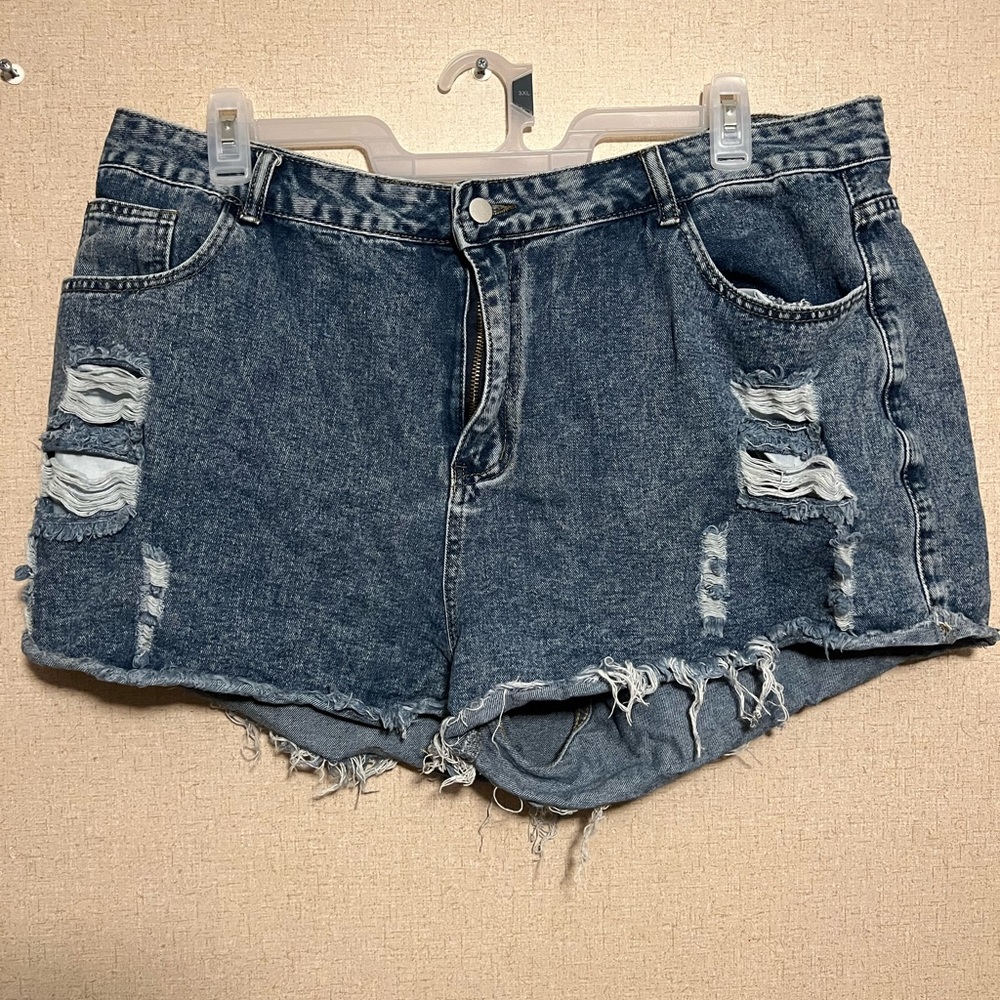 Shein plus High Waist Ripped Raw Hem Denim Shorts.